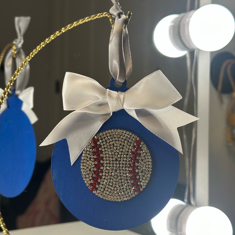 Blue Baseball Holiday Wood Ornament with White Bow